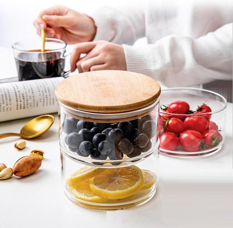 MONOO Bonbonniere - 3 Tier Glass Storage Jar - Glass Candy Jar with Bamboo Lid