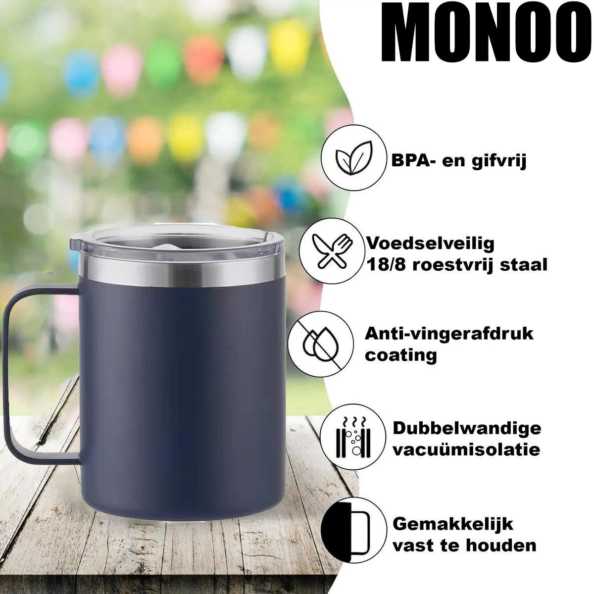 MONOO Dubbelwandige Koffiekop - Koffie Beker - 350ml - Blauw - RVS Beker - RVS Mok