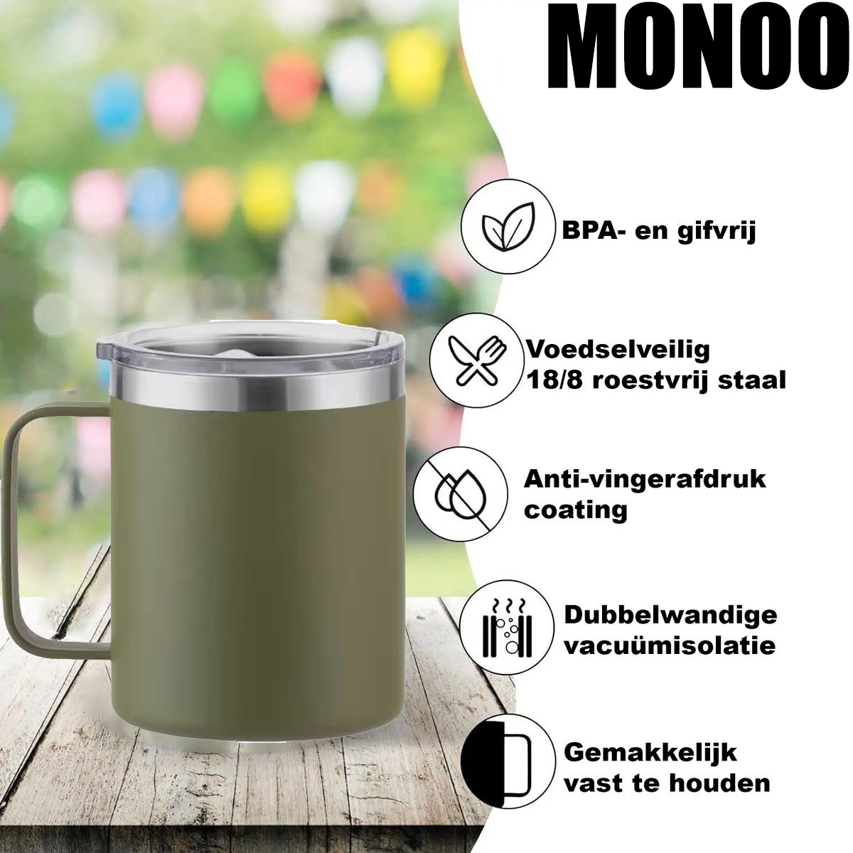 MONOO Dubbelwandige Koffiekop - Koffie Beker - 350ml - Groen - RVS Beker - RVS Mok