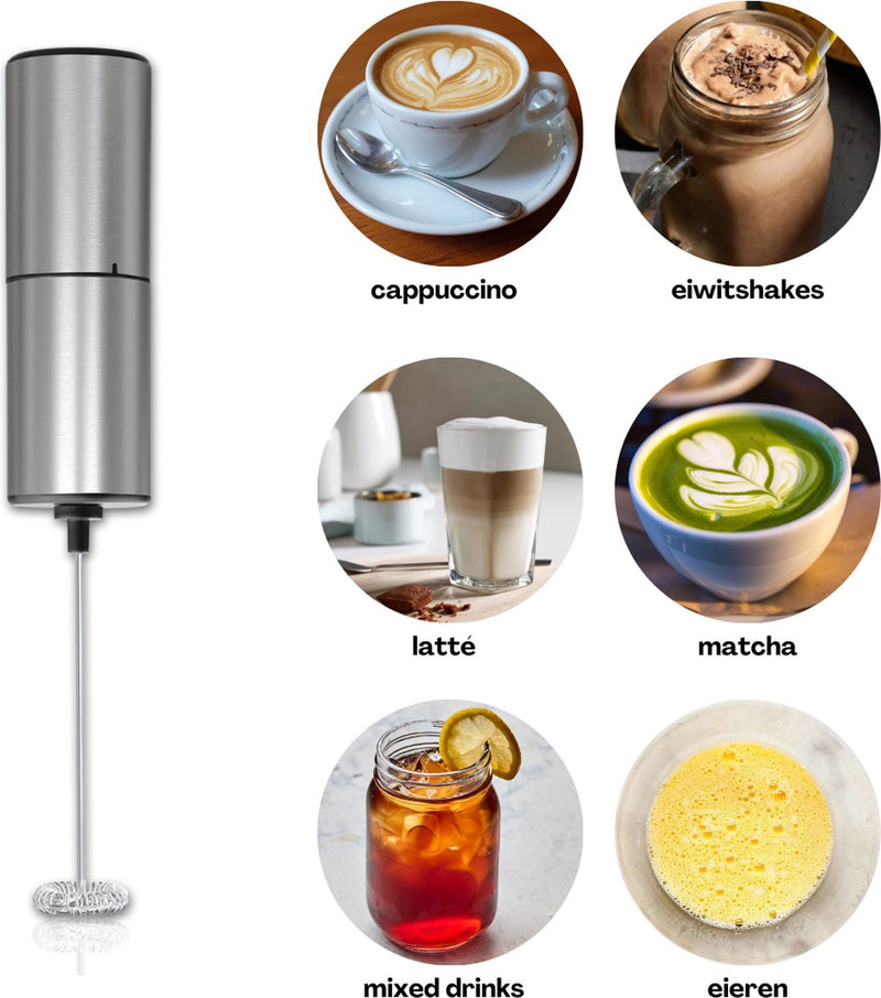MONOO Elektrische Melkopschuimer - Melk Opschuimer Handmatig - Koffie Mini Mixer - Draadloos op Batterijen - Zonder Stekker - Cappuccino - Matcha - Frappé - Chocolademelk - Shakes - Zilver