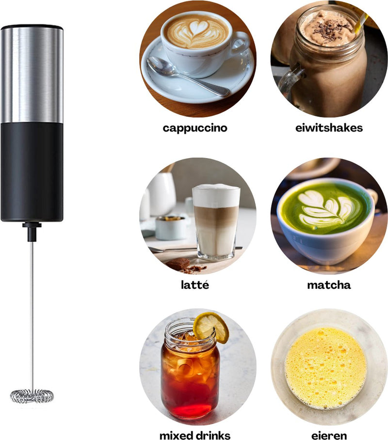 MONOO Elektrische Melkopschuimer - Melk Opschuimer Handmatig - Koffie Mini Mixer - Draadloos op Batterijen - Zonder Stekker - Cappuccino - Matcha - Frappé - Chocolademelk - Shakes - Zilver / Zwart
