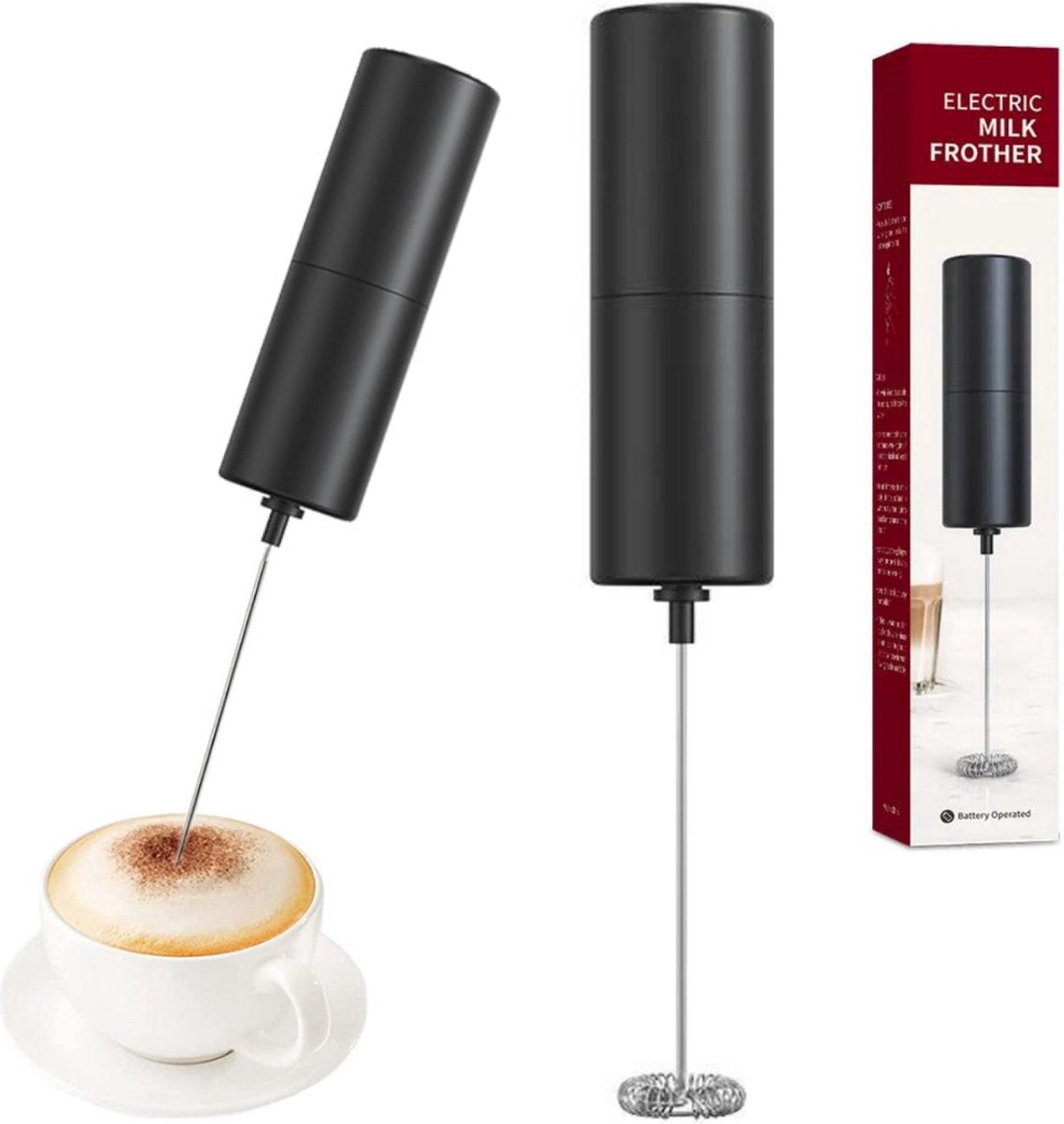 MONOO Elektrische Melkopschuimer - Melk Opschuimer Handmatig - Koffie Mini Mixer - Draadloos op Batterijen - Zonder Stekker - Cappuccino - Matcha - Frappé - Chocolademelk - Shakes - Zwart