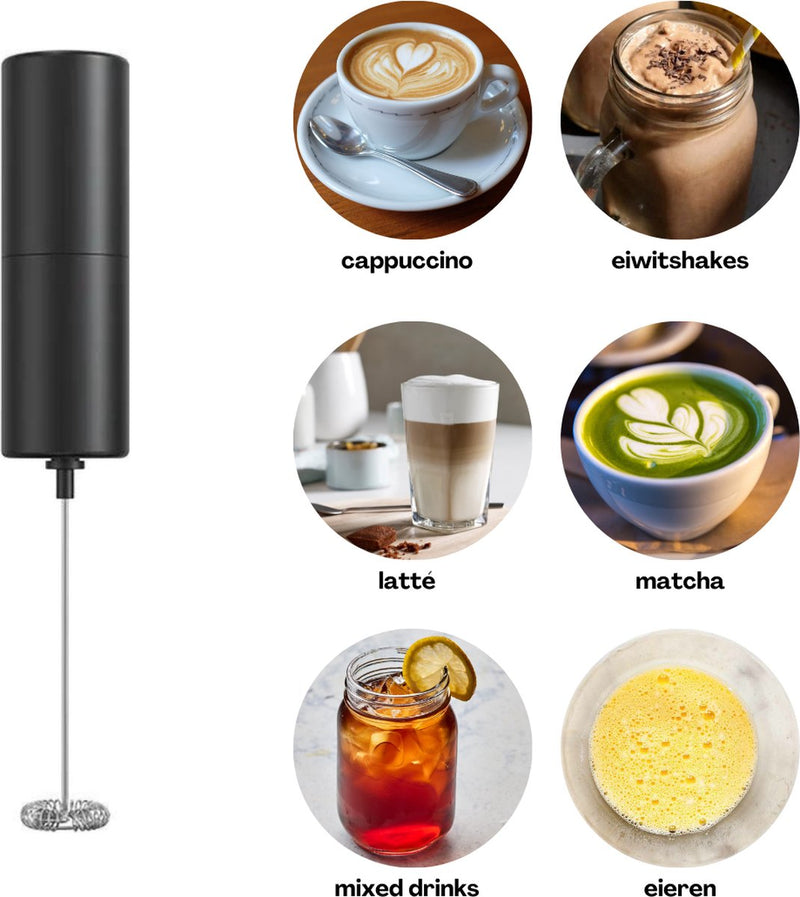 MONOO Elektrische Melkopschuimer - Melk Opschuimer Handmatig - Koffie Mini Mixer - Draadloos op Batterijen - Zonder Stekker - Cappuccino - Matcha - Frappé - Chocolademelk - Shakes - Zwart