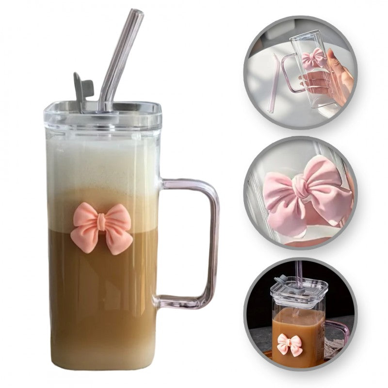 MONOO Glasses with Lid, Bow and Straw - 2 Pieces - 400ml