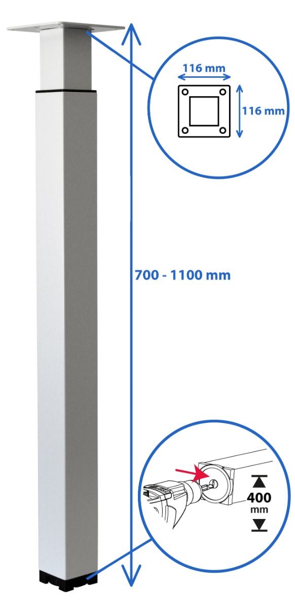 MacLean Tischbein verstellbar aus weißem Stahl – 70 bis 110 cm – pro Stück