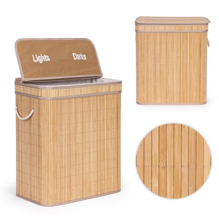 ModernHome Bamboe Wasmand - 100 Liter - 2 Vakken - Met Deksel