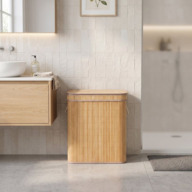 ModernHome Bamboe Wasmand - 100 Liter - 2 Vakken - Met Deksel