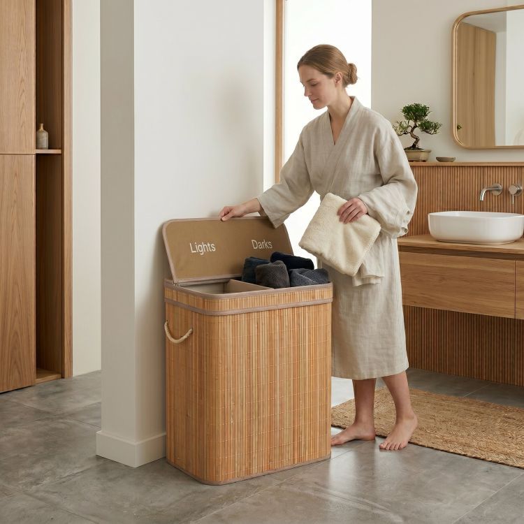 ModernHome Bamboe Wasmand - 100 Liter - 2 Vakken - Met Deksel