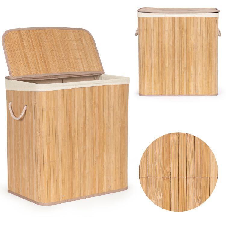 ModernHome Bamboe Wasmand - 150 Liter - 3 Vakken - Met Deksel