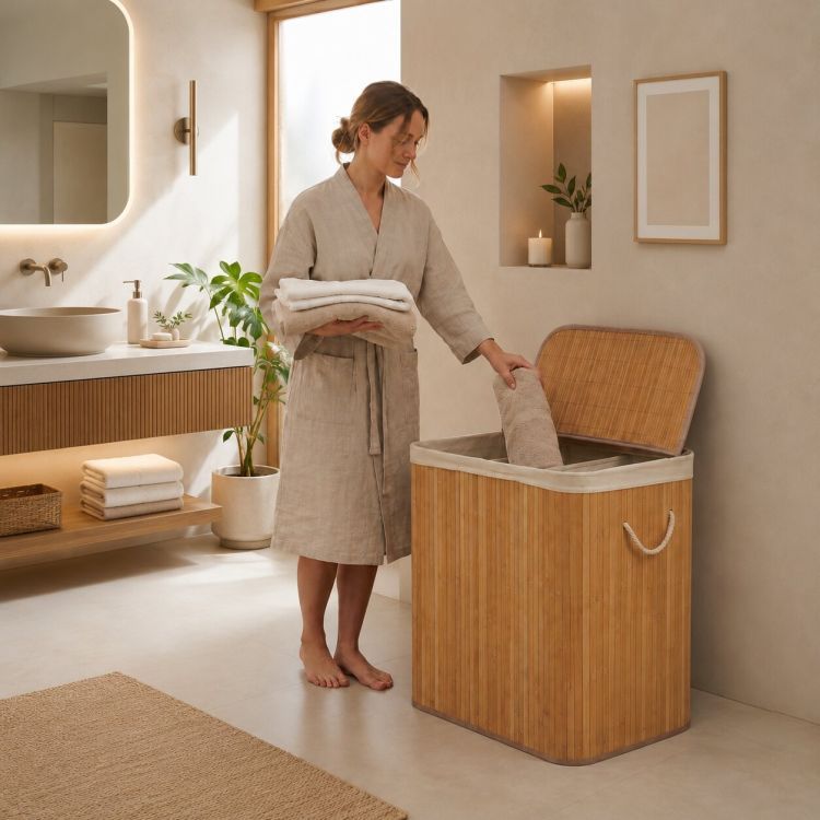 ModernHome Bamboe Wasmand - 150 Liter - 3 Vakken - Met Deksel