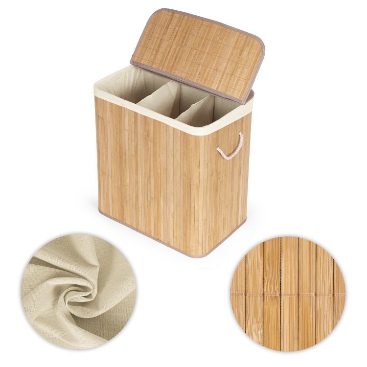 ModernHome Bamboe Wasmand - 150 Liter - 3 Vakken - Met Deksel