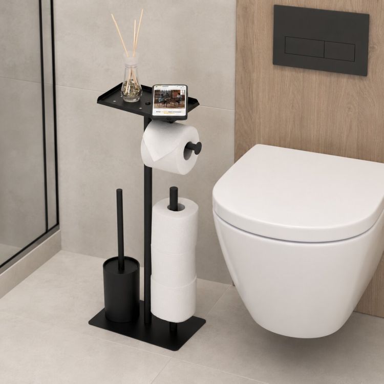 ModernHome Toiletrolhouder - Met Toiletborstel & Plankje - Zwart