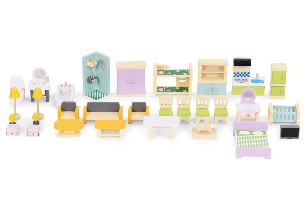Multistore Houten Poppenhuis Meubelset - 30-delig - Meubels & Accessoires
