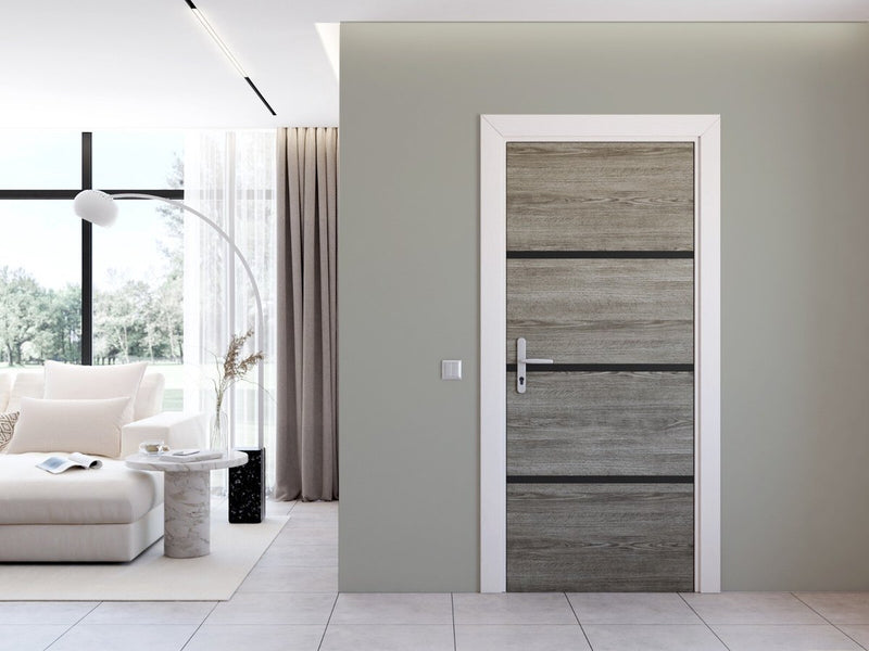 Nordlinger deurrenovatieset - grijs eiken - 4 panelen 85x50 cm - 3 zwarte profielen 85x2 cm