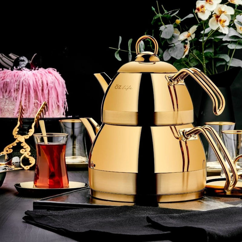 ÖZ Life Turkish Teapot - 1L + 2.2L - Tea Set - Teapot Set - Gold - Caydanlik