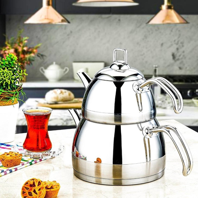 ÖZ Life Turkish Teapot - 1L + 2.2L - Tea Set - Teapot Set - Silver - Caydanlik