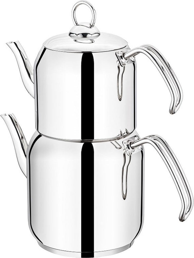 ÖZ Life Turkish Teapot - 1.35L + 2.15L - Tea Set - Teapot Set - Silver - Caydanlik