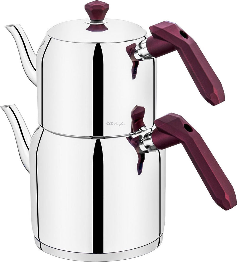 ÖZ life Turkish Teapot - 1.35L + 2.15L - Tea Set - Teapot Set - Silver/Purple - Caydanlik