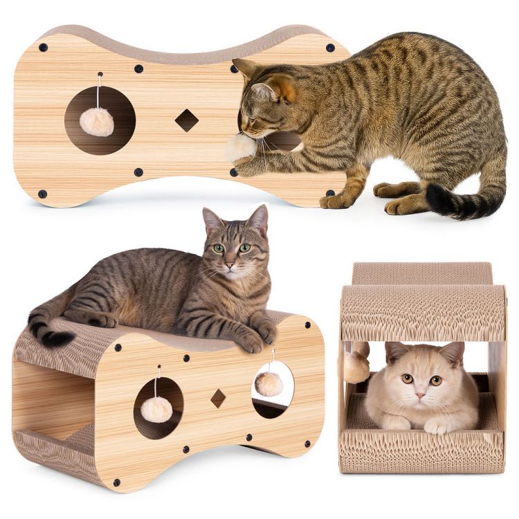 Petsi Kattenkrabber met Huisje - Karton & MDF - 55 cm - Met Pompons