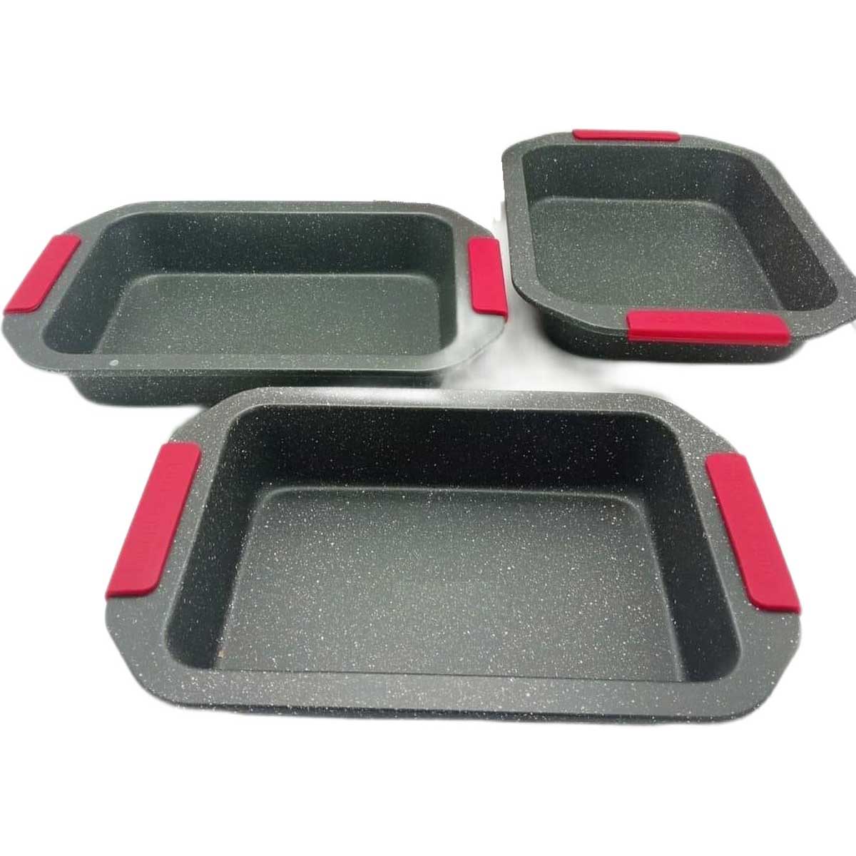 Platinum Bak- en Ovenschalen Set - 3-delig - Antiaanbaklaag & Silicongrepen - Stapelbaar - Grijs