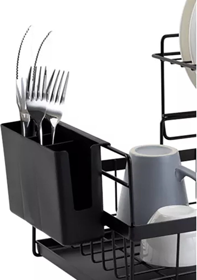 MONOO Geschirrständer mit herausnehmbarer Abtropfschale – Schwarz – Geschirrspülständer – Geschirrspül-Abtropfgestell – Wäscheständer – Besteckkorb – Waschen – Trocknen