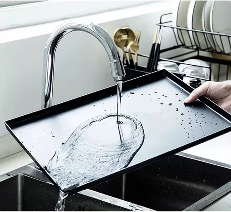 MONOO Geschirrständer mit herausnehmbarer Abtropfschale – Schwarz – Geschirrspülständer – Geschirrspül-Abtropfgestell – Wäscheständer – Besteckkorb – Waschen – Trocknen