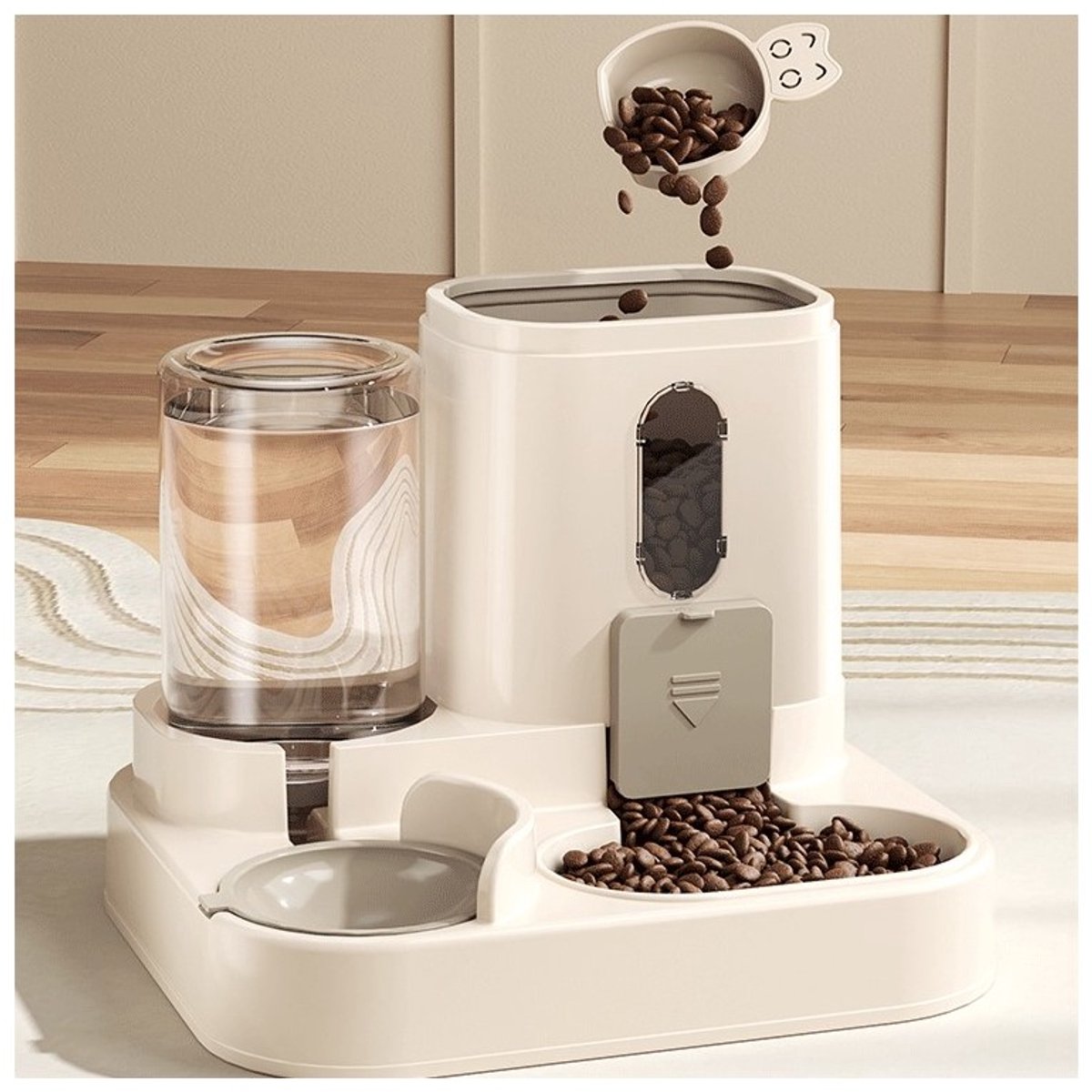 TEKZEN Automatische Voer- en Drinkbak 2-in-1 - Cremé - 25x23x20cm - Voor Hond & Kat