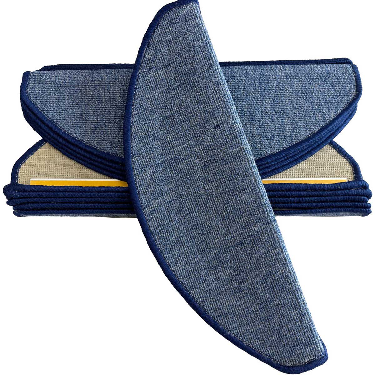 TEKZEN Trapmatten Set - Blauw Bouclé met Donkerblauw Rand - 15 Stuks - 56x17x3cm - Zelfklevende Halve Maantjes voor Trap