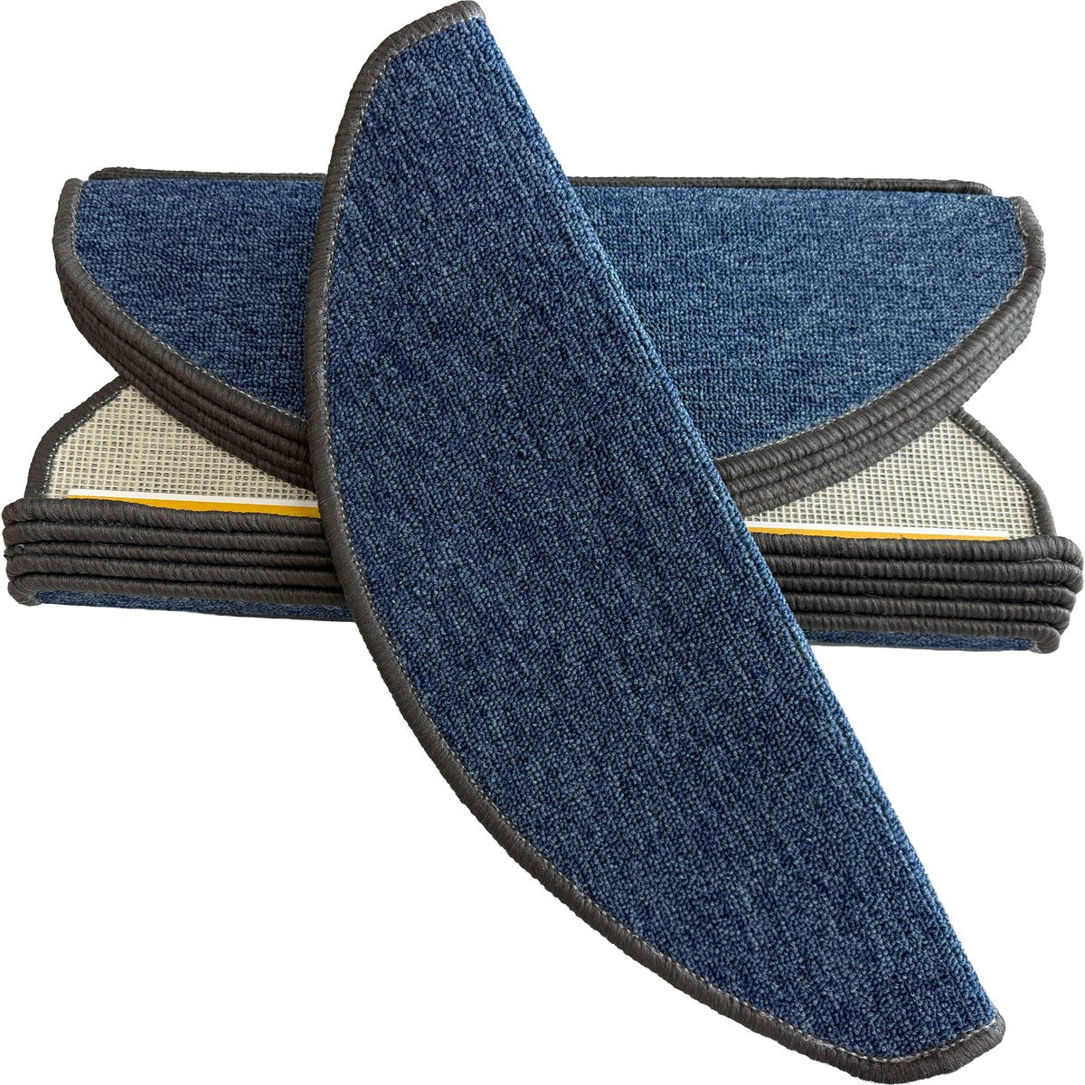 TEKZEN Trapmatten Set - Blauw Bouclé met Donkergrijs Rand - 15 Stuks - 56x17x3cm - Zelfklevende Halve Maantjes voor Trap