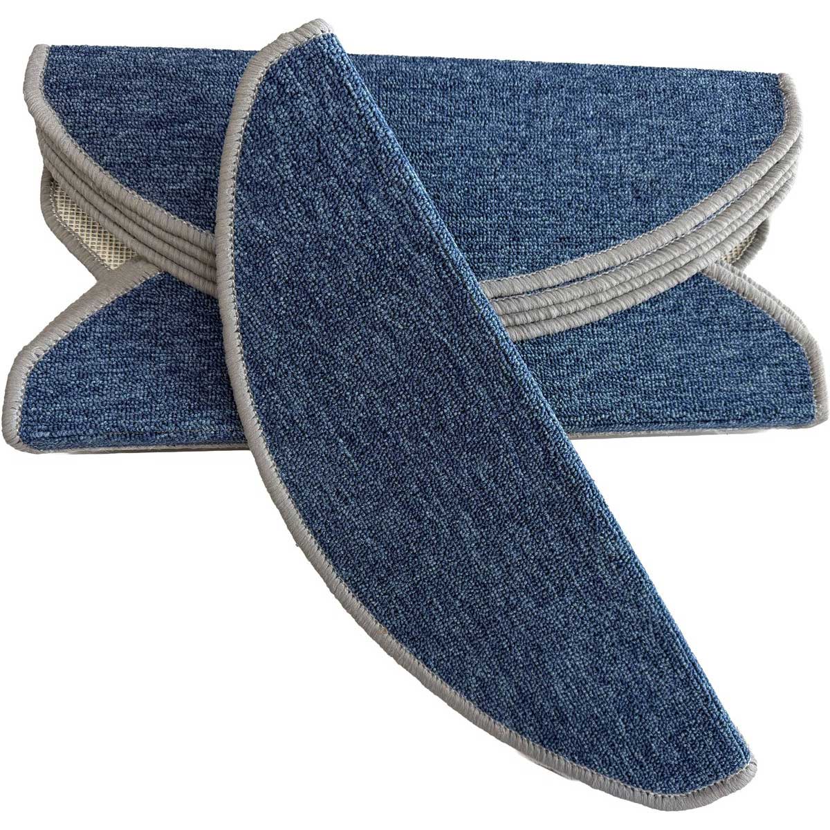 TEKZEN Trapmatten Set - Blauw Bouclé met Grijs Rand - 15 Stuks - 56x17x3cm - Zelfklevende Halve Maantjes voor Trap
