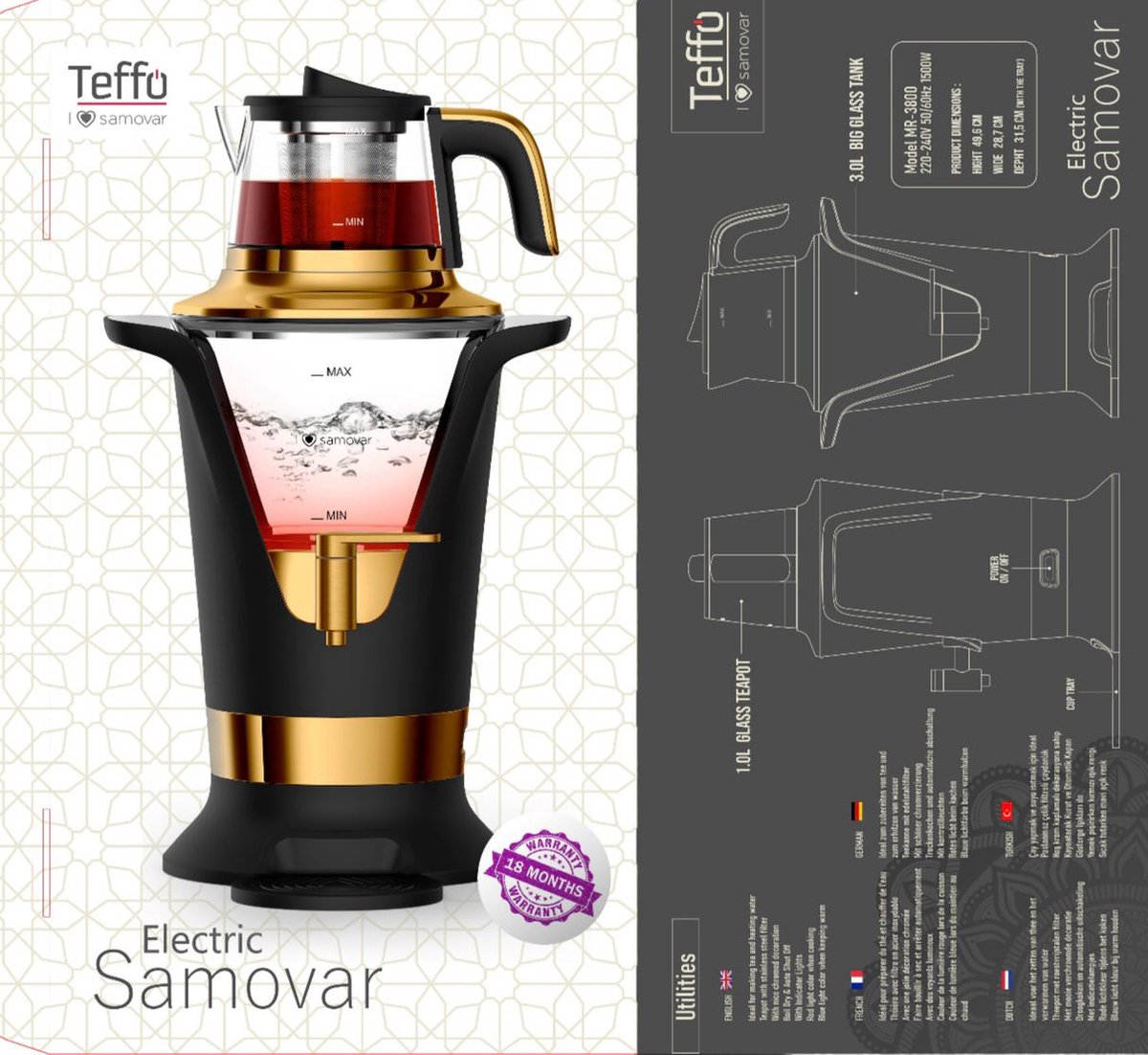 Teffo Electric Samovar - Turkish Tea Maker - Semaver - 1500W - Black/Gold - Turkish Tea