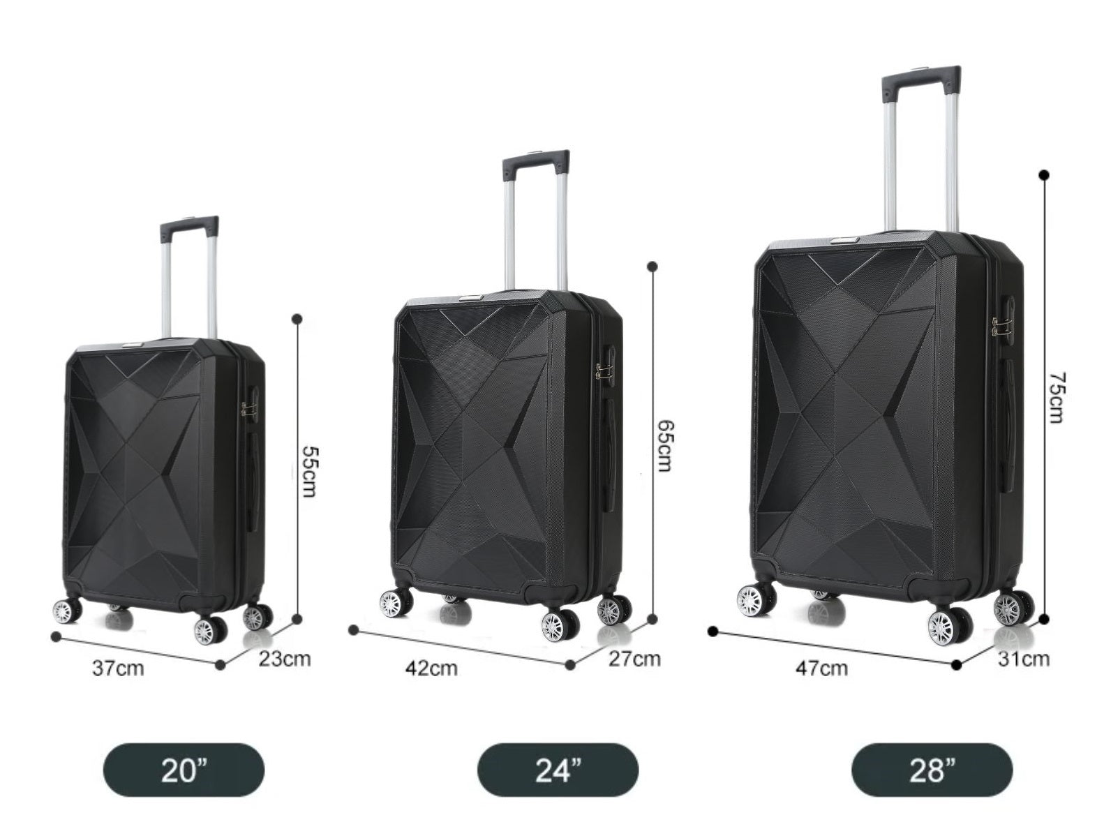 Traveleo Diamond Kofferset Zwart - Cijferslot - Lichtgewicht - Reiskoffer - Travel Luggage - TEKZEN