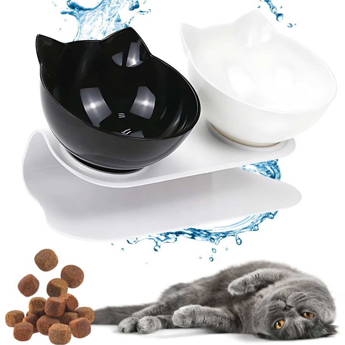 Verk Group Dubbele Voerbak voor Hond & Kat - 2x 400 ml - Verhoogd - Zwart/Wit