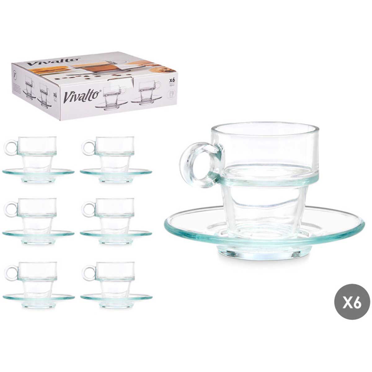 Vivalto Espressomok met Schoteltje - Set van 6 - Glas - 100ml - Kleine Koffiemok