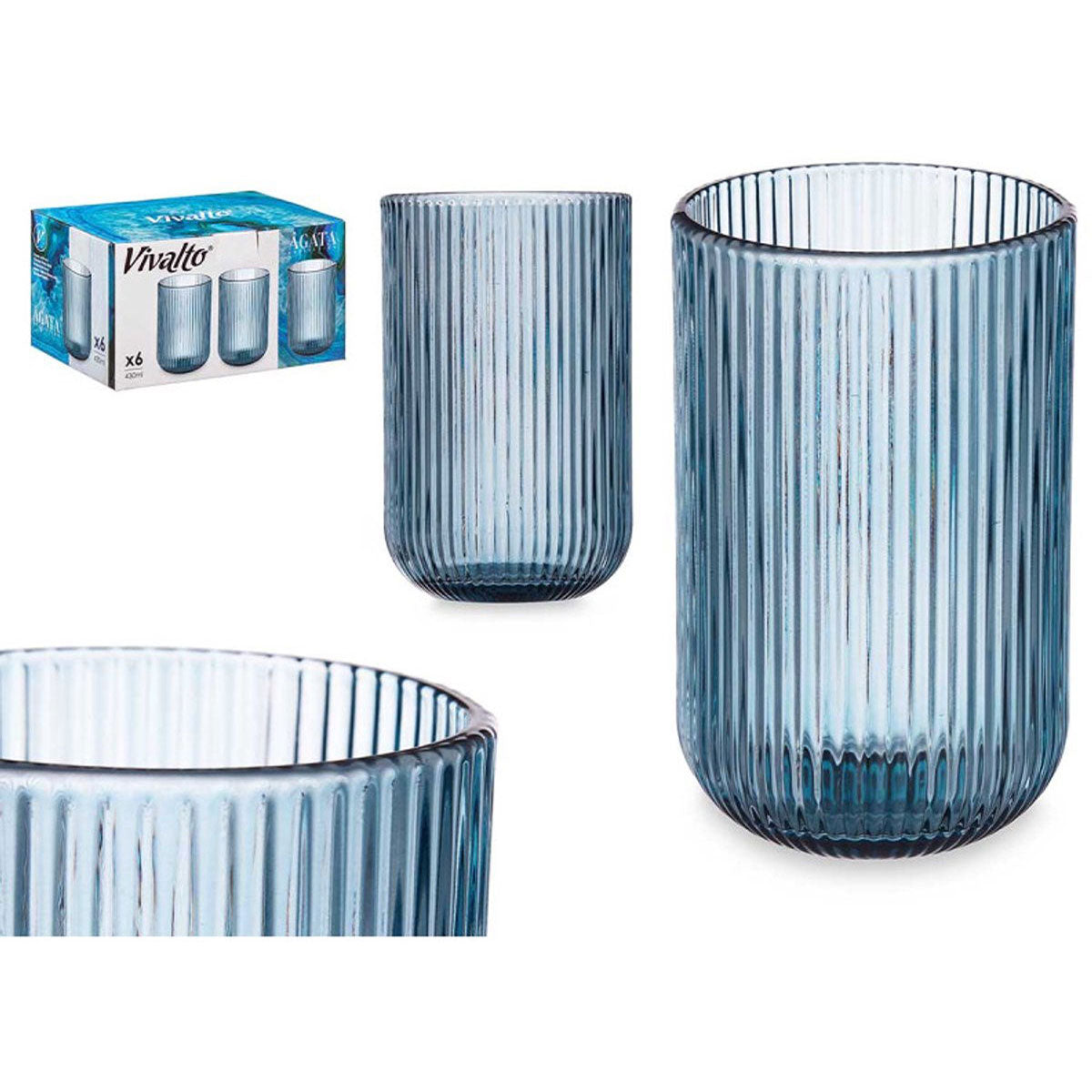 Vivalto Geribbelde Longdrinkglazen - Set van 6 - Blauw - 430ml - Waterglazen - Sapglazen