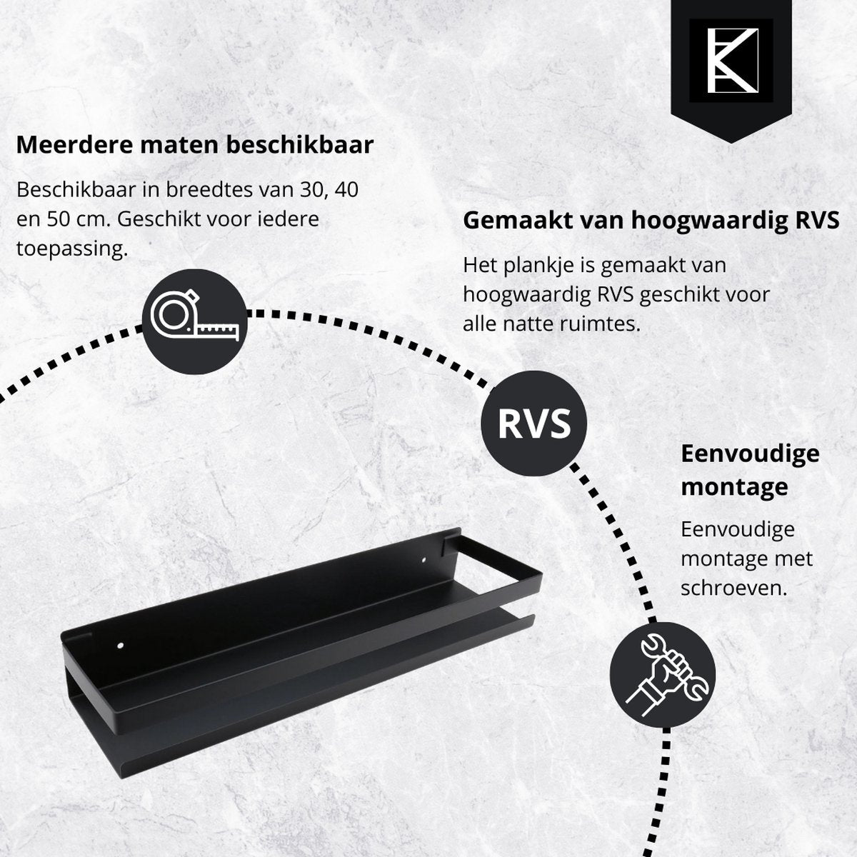 KAIA Zwarte Doucherek - Douchemand - Badkamerrek - Rekje Voor In De Douche - Badkamer Plank - Shampoo Rekje - RVS - Rechthoekig Doucherek - Incl. Montagemateriaal - 30cm