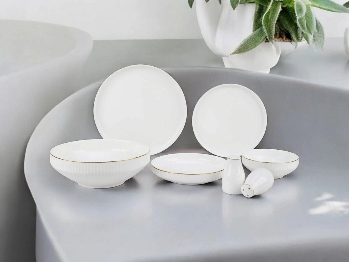 Almina Borneo - Porseleinen Serviesset - 27 - delig - Wit/Goud - 6 - Persoons - Dinerset - TEKZEN