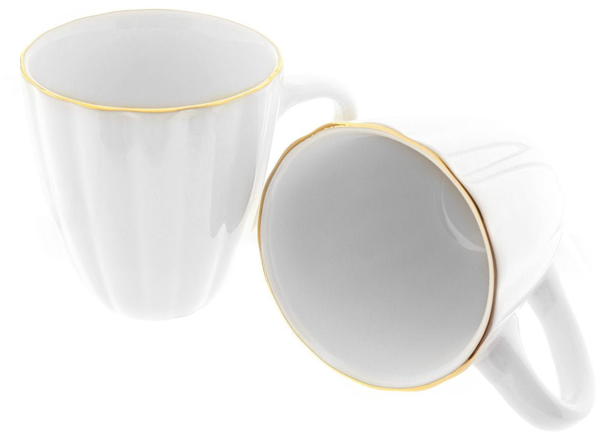 Almina Daisy - Koffiekopjes met Gouden Randje - Set van 2 - Wit - 330ml - Porselein - Koffiekopjes - TEKZEN