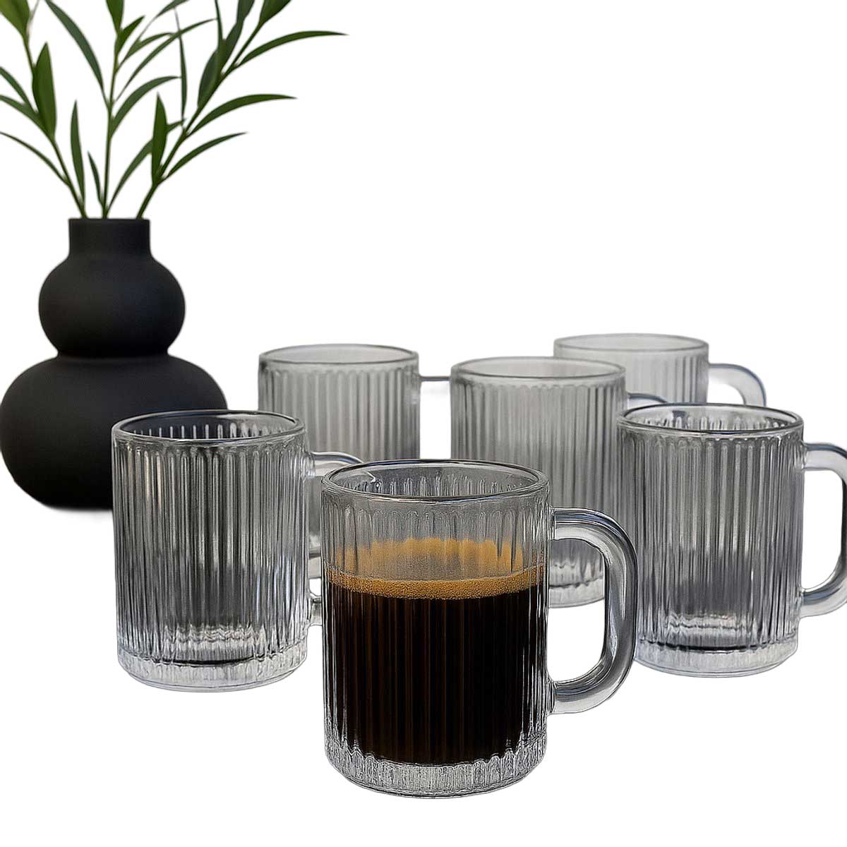 Almina Forte - Geribbelde Theeglazen met Oortje - Set van 6 - Waterglazen - 360ml - Sapglazen - TEKZEN