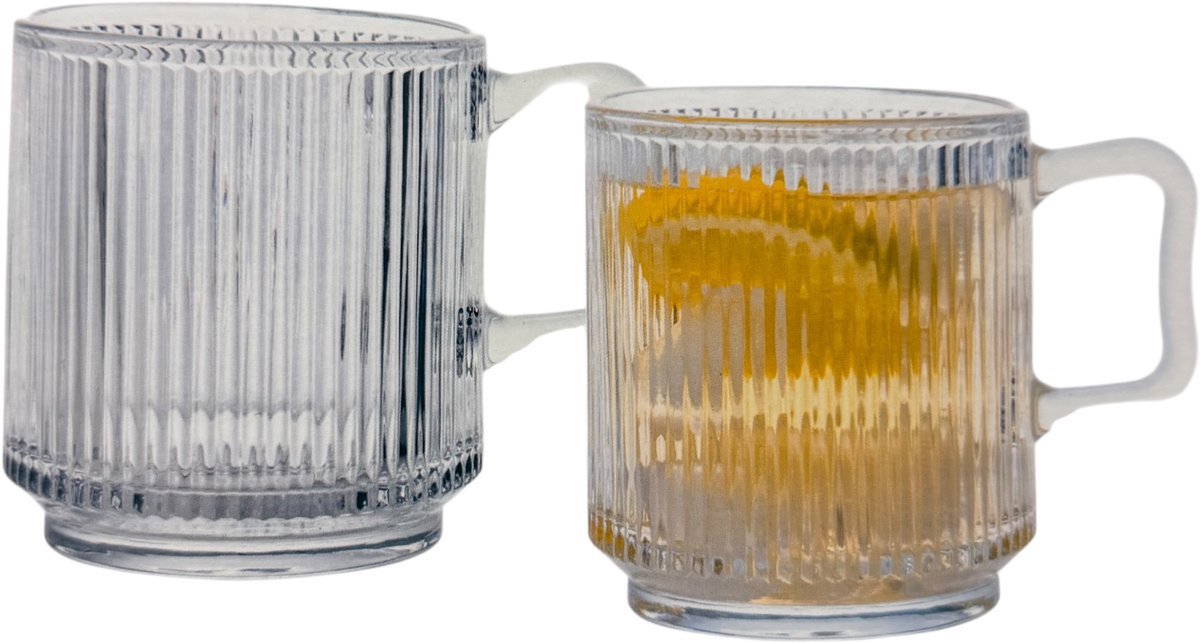 Almina Forte - Geribbelde Theeglazen met Oortje - Set van 6 - Waterglazen - 360ml - Sapglazen - TEKZEN