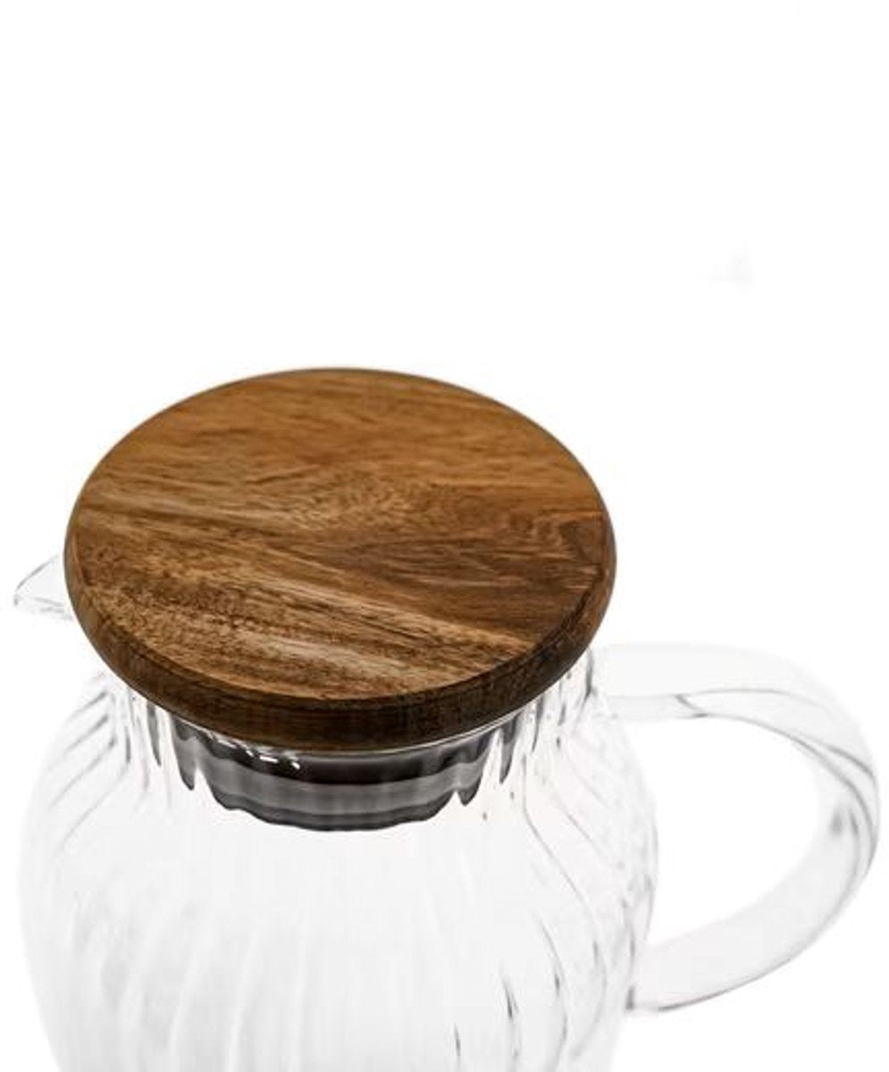 Almina Karaf/Schenkkan met Schenktuit - 1,5 Liter – Glas met Acaciahout Deksel - Geribbeld Design - TEKZEN