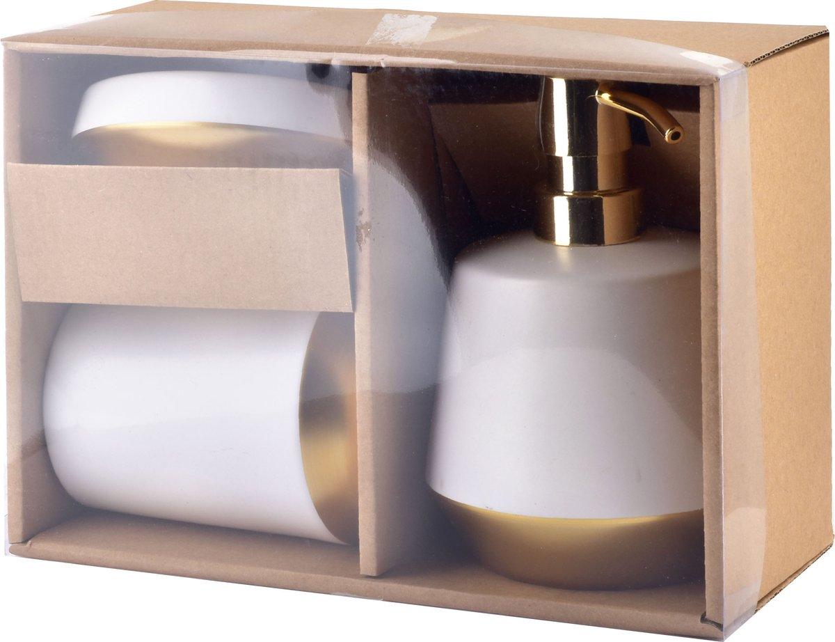 BATHLAB Badkameraccessoire set - Zeepdispenser, Zeephouder, Beker - Keramiek - Wit Goud - TEKZEN