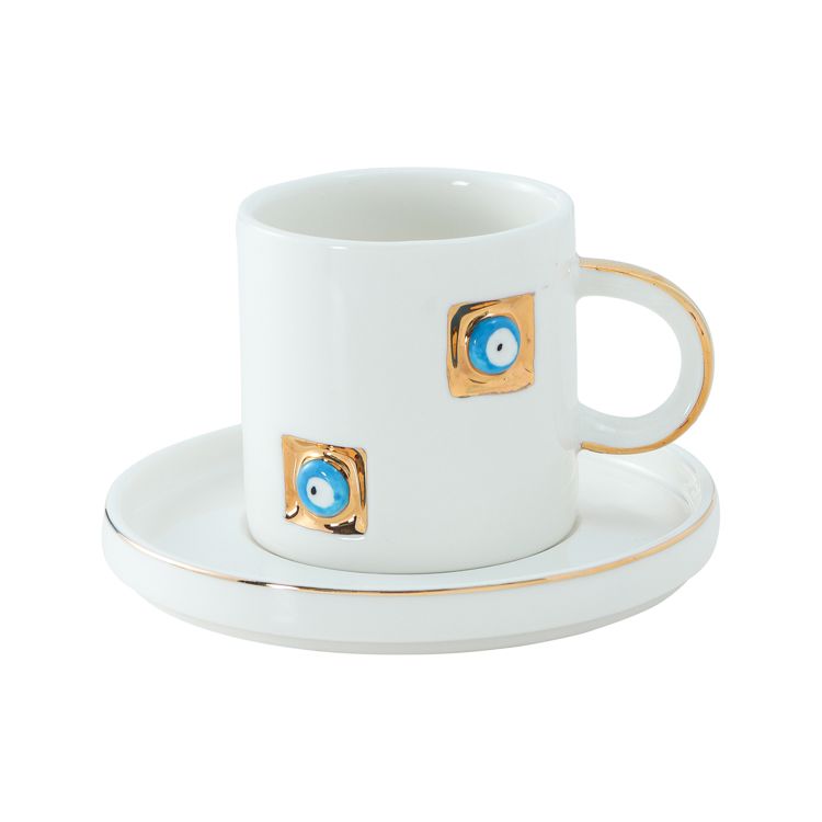 Bricard Yadigar - Espresso-Set mit Nazar Boncuk - 12-teilig - Weiß/Gold - 125 ml - Keramik - Espressotassen &amp; Untertassen