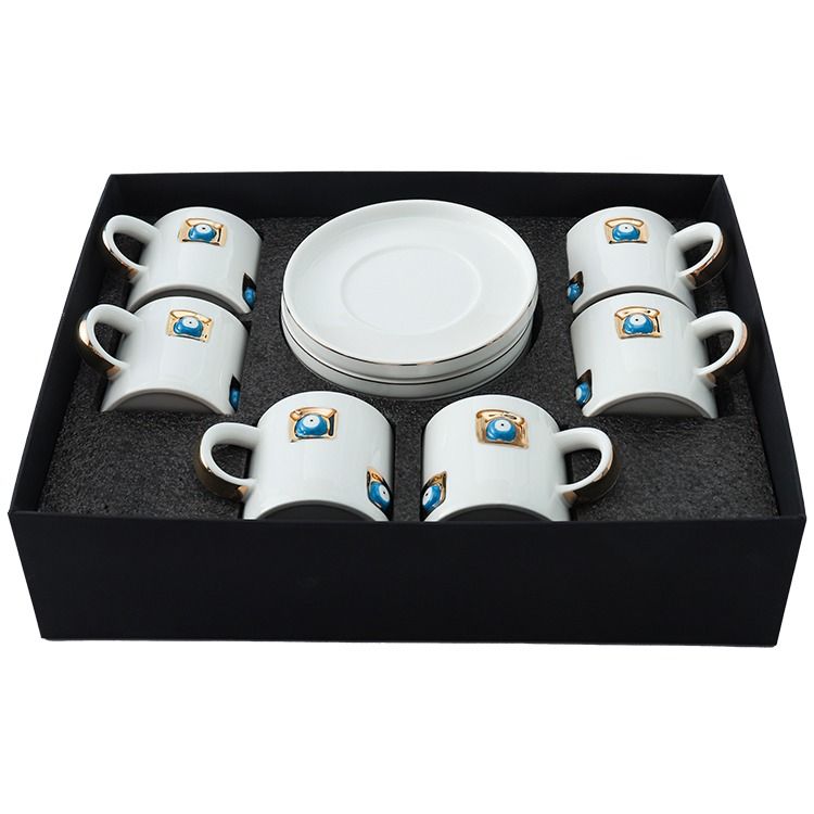 Bricard Yadigar - Espresso set with Nazar Boncuk - 12-piece - White/Gold - 125ml - Ceramic - Espresso Cups &amp; Saucers