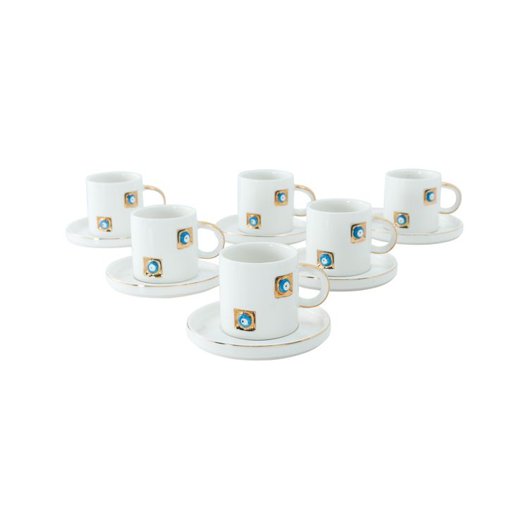 Bricard Yadigar - Espresso-Set mit Nazar Boncuk - 12-teilig - Weiß/Gold - 125 ml - Keramik - Espressotassen &amp; Untertassen