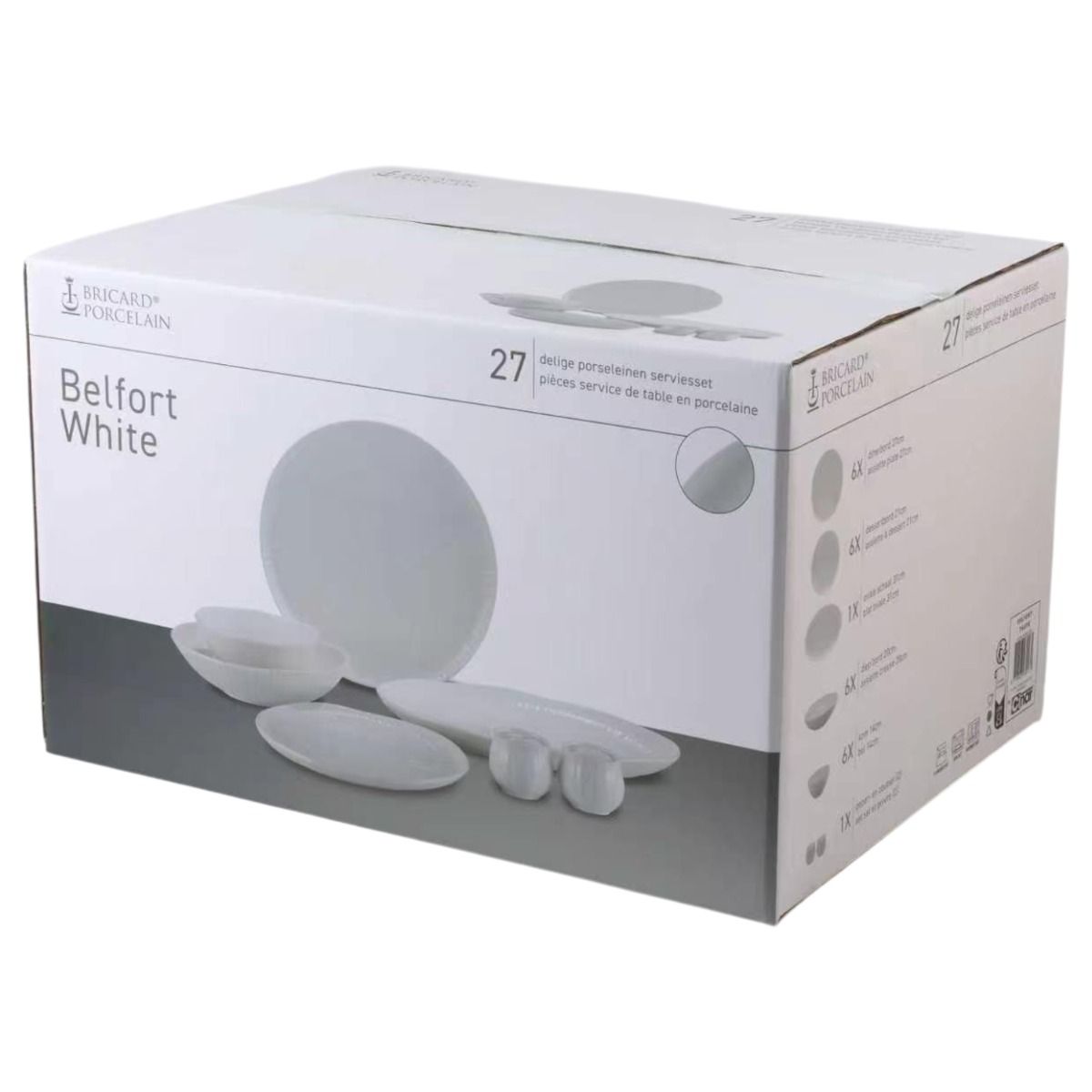 Bricard Belfort Serviesset, Wit, 27-delig, 6-Persoons, Dinner Set, Porselein – verpakking