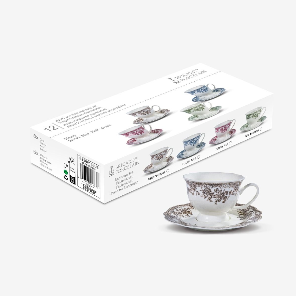 Bricard Fleury, Vintage Koffieset, 12-delig, Bruin/Wit, 225ml, Porselein, Koffie Kopjes en Schoteltjes – aanvullende productfoto 2