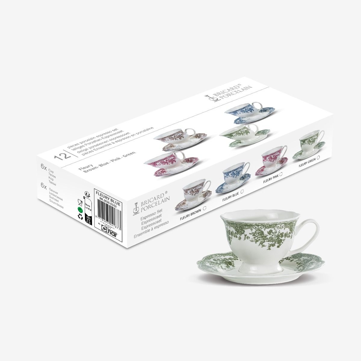 Bricard Fleury, Vintage Koffieset, 12-delig, Groen/Wit, 225ml, Porselein, Koffie Kopjes en Schoteltjes – aanvullende productfoto 2