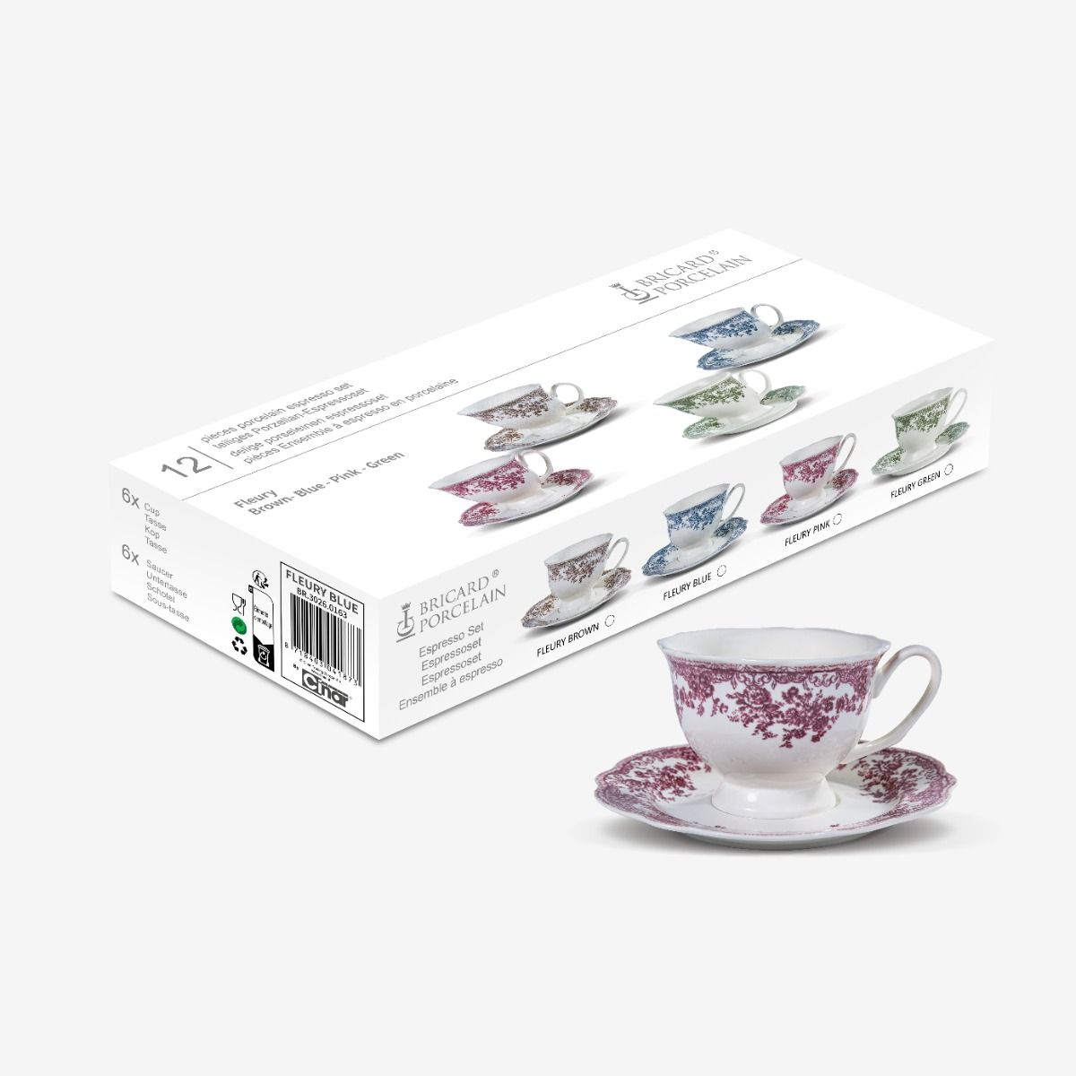 Bricard Fleury, Vintage Koffieset, 12-delig, Roze/Wit, 225ml, Porselein, Koffie Kopjes en Schoteltjes – aanvullende productfoto 2