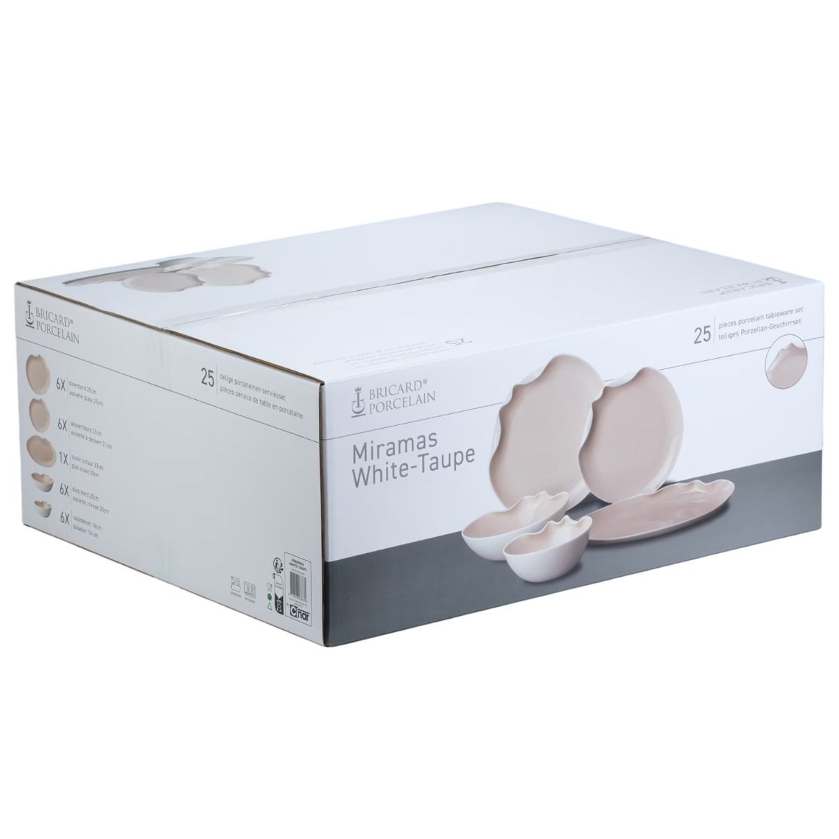 Bricard Miramas, Porseleinen Serviesset, 25-delig, 6-Persoons, Wit/Taupe, Dinner Set – verpakking